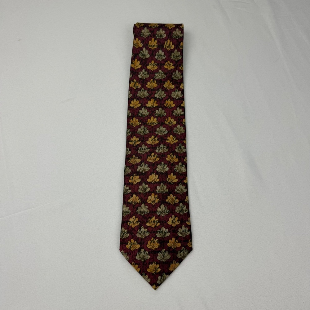 Ermenegildo Zegna Tie Mens OS Burgundy Gold Floral Leaf Silk Italian Designer